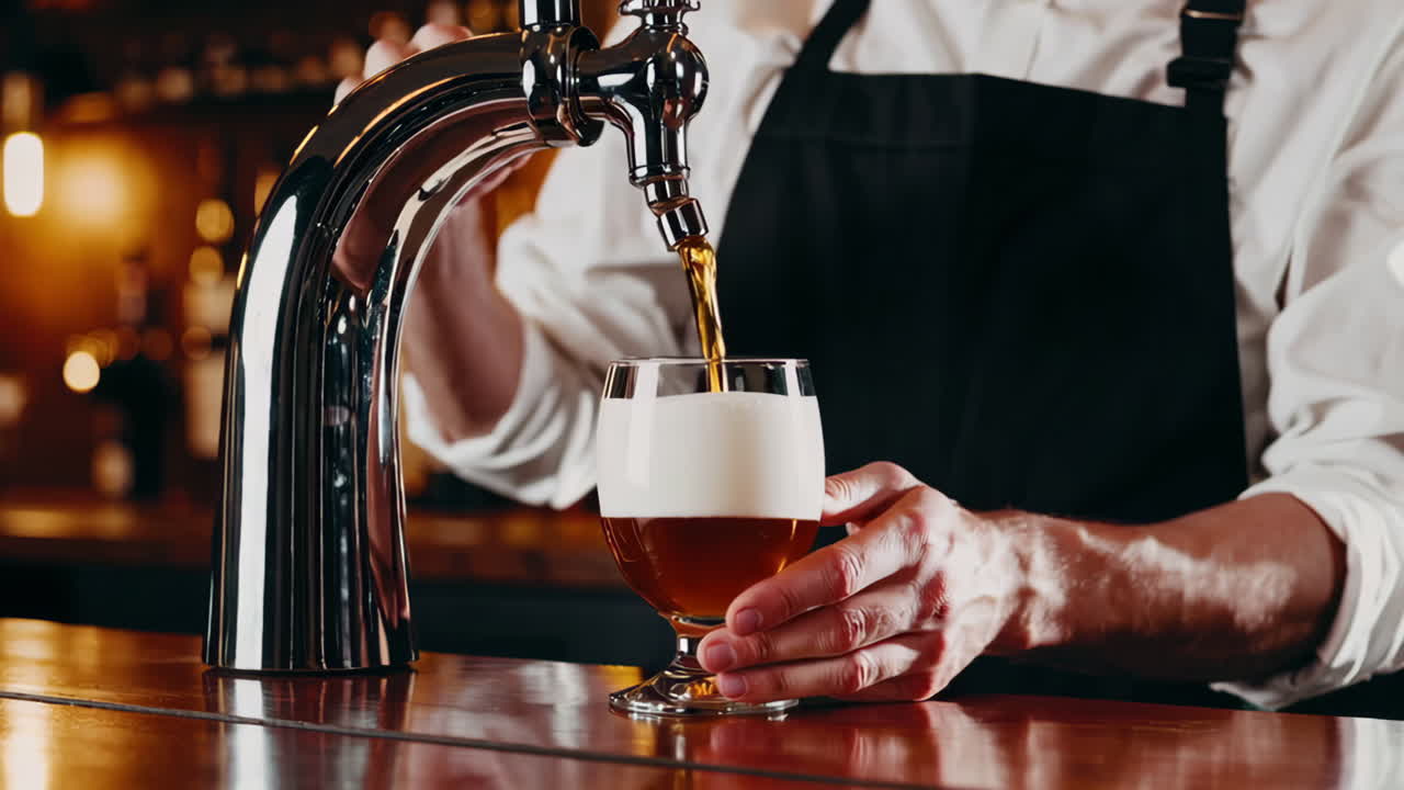 Bartender pouring beer into a glass at a bar