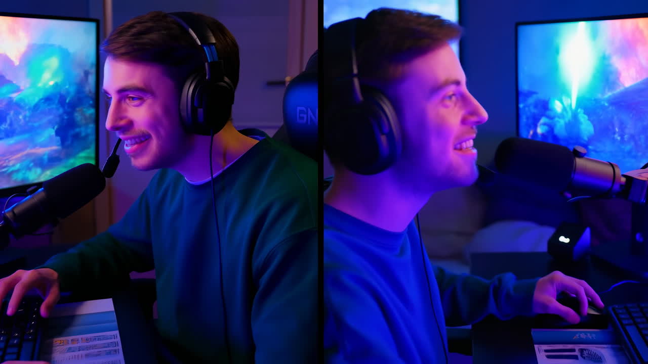 Streamerský stolní mikrofon vzrušeně reaguje na živý herní komentář, barevné neonové osvětlení, duální monitory.