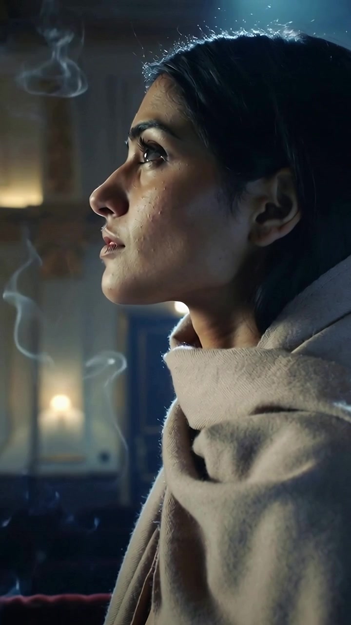 Vertical video: Woman in beige scarf exhaling as smoke appears, lifting chin in parlor reflecting