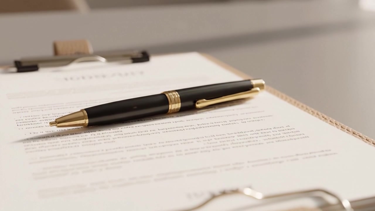 Une vue rapprochée d'un élégant presse-papiers et d'un ensemble de stylos luxueux sur une table moderne, présentant des documents soigneusement organisés qui suggèrent le professionnalisme et l'attention aux détails.
