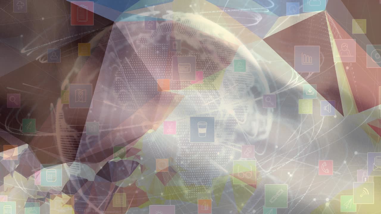 흐릿한 배경 위에 디지털 아이콘이 있는 지구의 애니메이션