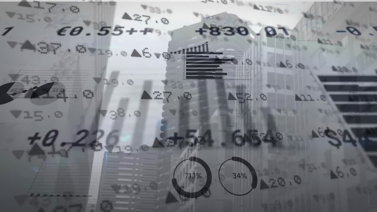 Stock market and statistical data processing against tall buildings in background