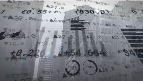 stock market and statistical data processing against tall buildings in background