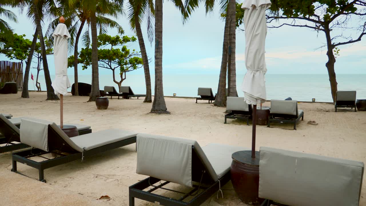 путешествие во время пандемии. пустые пляжные кровати рядом с морем и пальмами