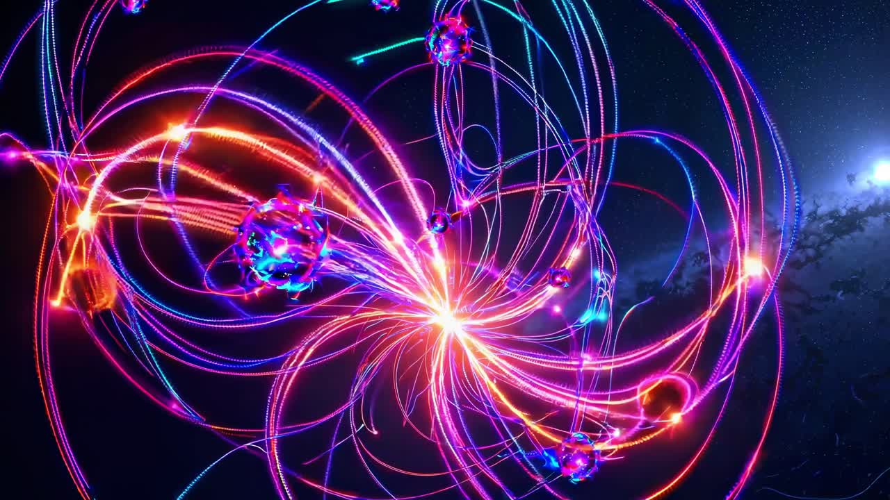 Colorful lights and spheres gracefully swirling and intertwining against a backdrop of deep space and distant stars, creating a mesmerizing visual symphony