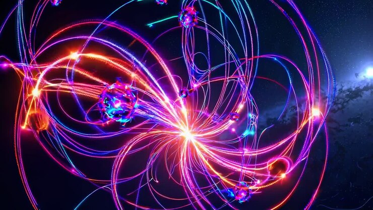 Colorful lights and spheres gracefully swirling and intertwining against a backdrop of deep space and distant stars, creating a mesmerizing visual symphony