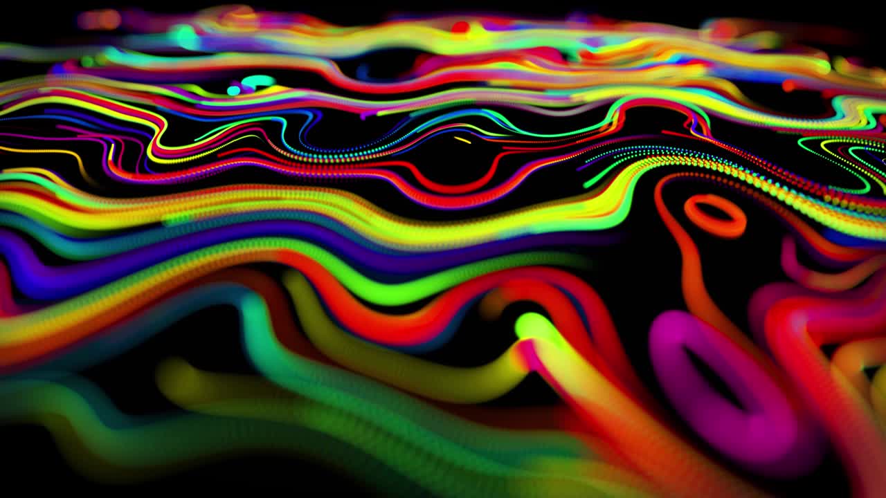 el flujo de partículas forma líneas rizadas como rastros de brillo de diferentes colores, las líneas forman un patrón giratorio como ruido de rizado. abstracto 3d bucle de flujo de animación como fondo festivo creativo brillante