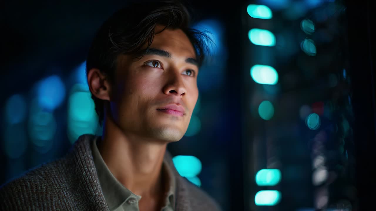 A thoughtful individual gazes contemplatively amidst a backdrop of illuminated technology, reflecting on modern advancements and the dynamic interplay of human emotion with digital environments