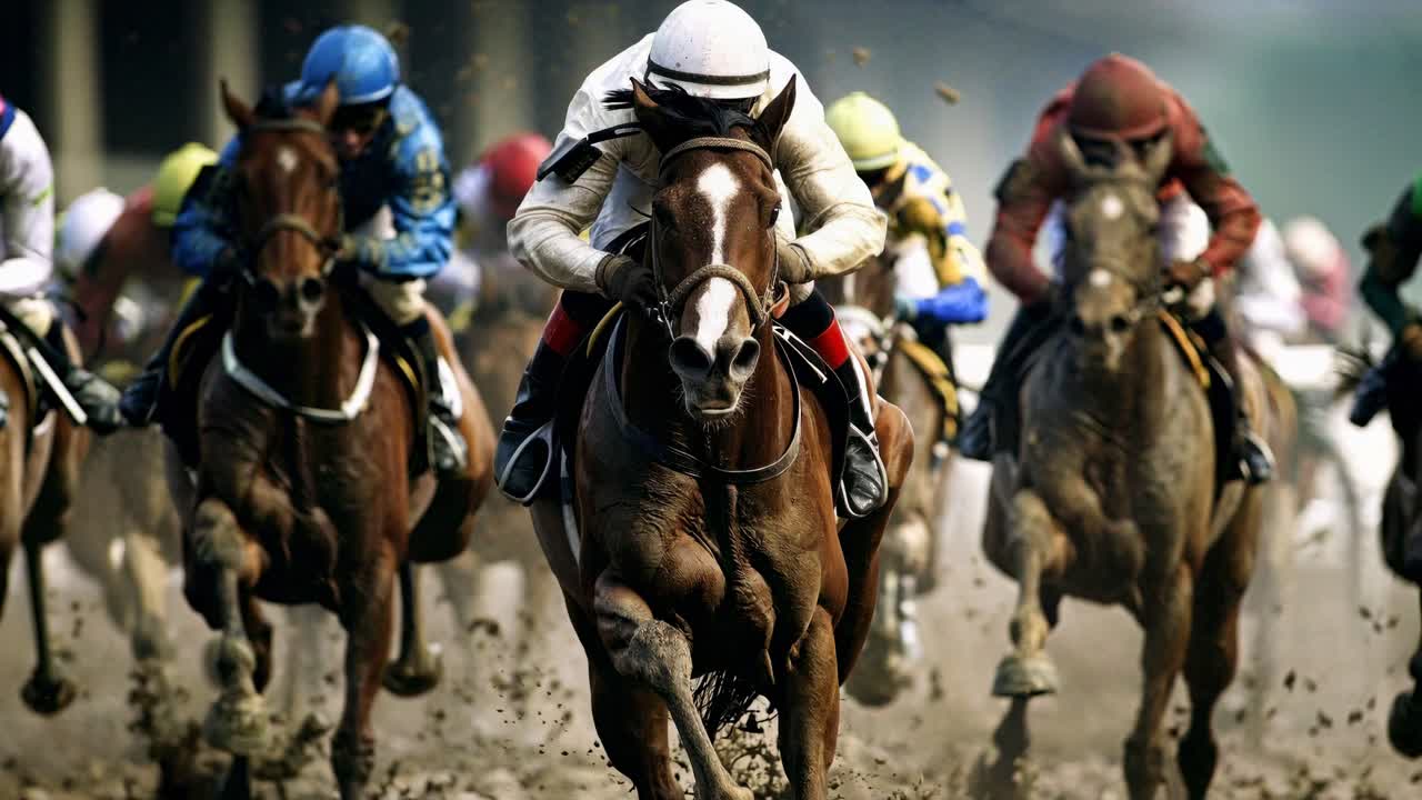 Dynamic low-angle video shot of a horse race, capturing the intensity and speed of the horses