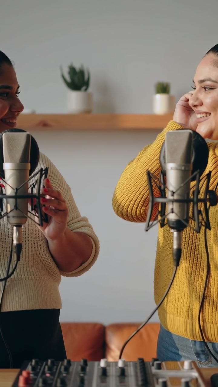 Vertical video: Nodding two women in knit tops cueing then singing to record at home with mics