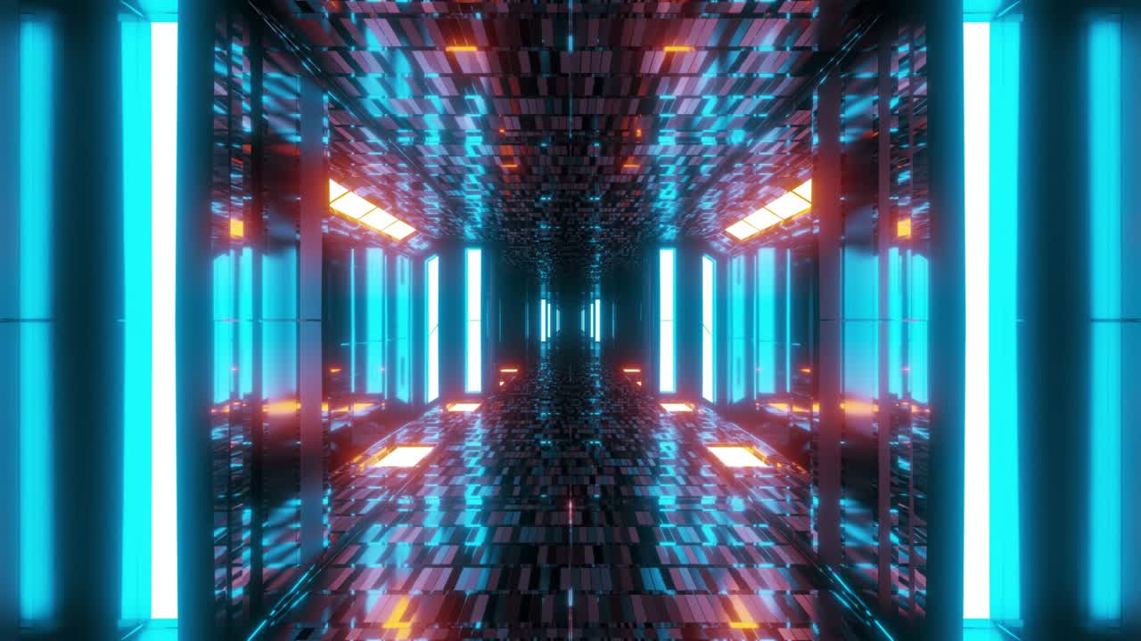 stylish scifi tunnel corridor with reflective bricks texture and glowing lights 3d illustration motion background live wallpaper vj loop