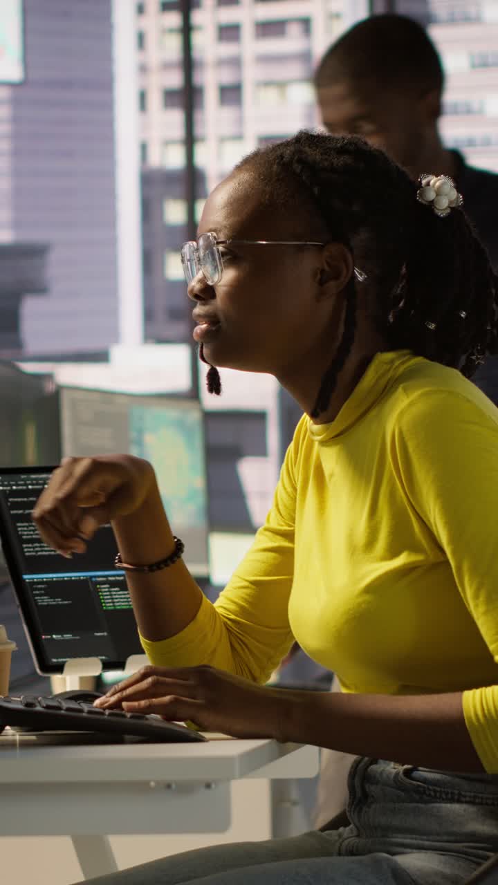 Vertical video Woman debugging and optimizing code using AI