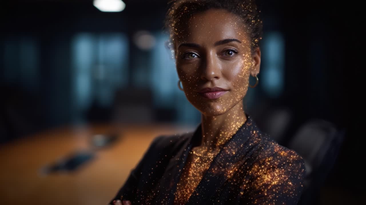 En selvsikker professionel, der udstråler styrke og balance, med en æterisk glød af stjerner, der reflekteres i et virksomhedsmiljø, og som viser lederskab og visioner