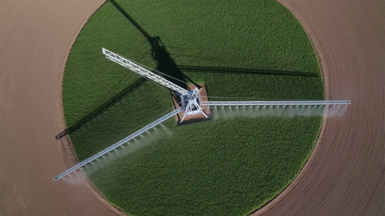 Aerial View of a Center Pivot Irrigation System Watering a Circular Crop Field