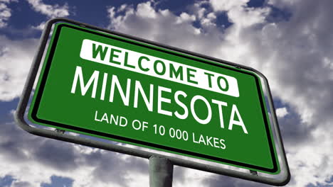 Willkommen-In-Minnesota,-US-Staatsstraßenschild,-Spitzname-„Land-Der-10.000-Seen“,-Realistische-3D-Animation