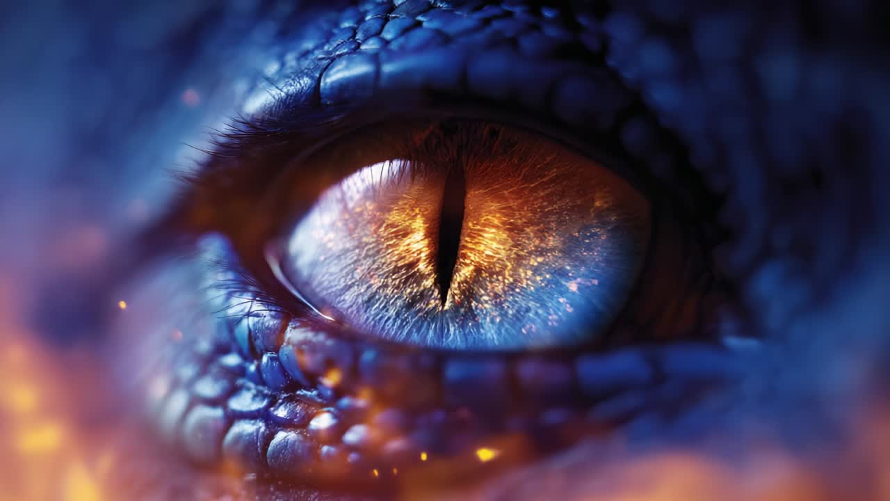 Captivating Close-Up of a Magnificent Dragon's Eye, Showcasing Vibrant Colors and Intricate Scales, Merging Mystique with Power, Illuminated by Glowing Ember Effects for a Stunning Fantasy Aesthetic