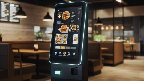 modern self-ordering kiosk displaying burger menu in a fast casual restaurant setting with a user interacting in the background