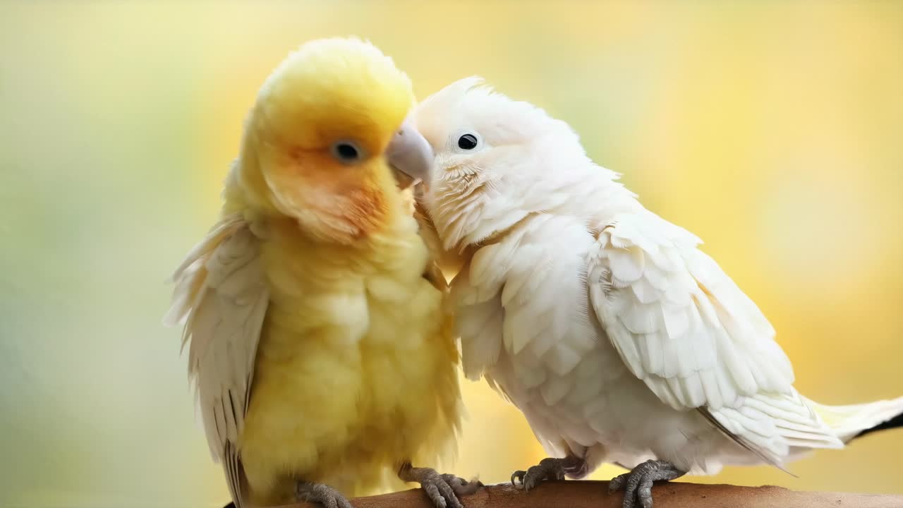 Close-up video shot of two parrots, one yellow and one white, perched together