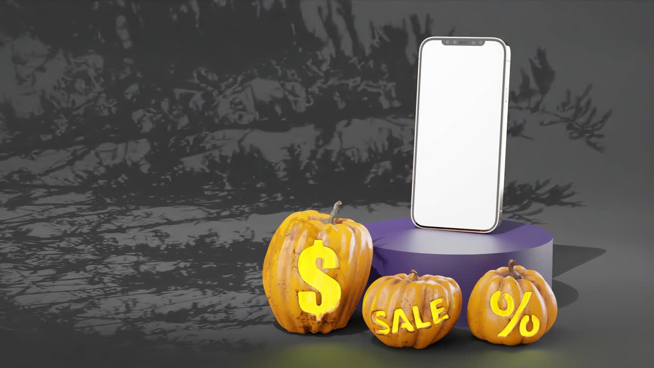 fondo de promoción de venta de halloween con pantalla en blanco smartphone y espacio de texto