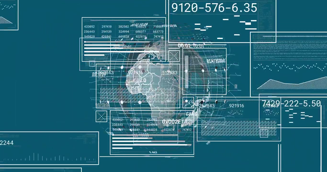 Upon materializing wireframe sphere panels sliding globe rotating updating global data trends