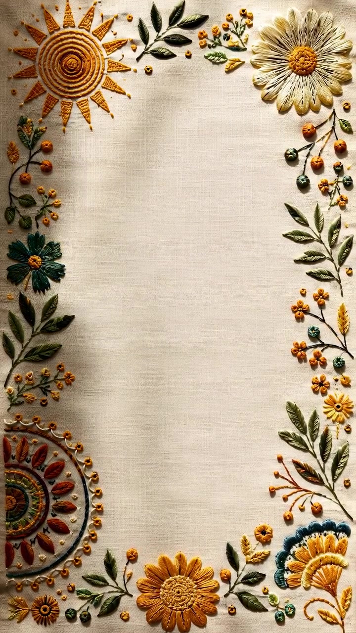 Fiori e foglie ornamentali circondano una calda texture di carta mentre una morbida illuminazione si sposta attraverso l'area centrale vuota, mostrando dettagliati motivi fatti a mano, colori terrosi e un calmo layout verticale.