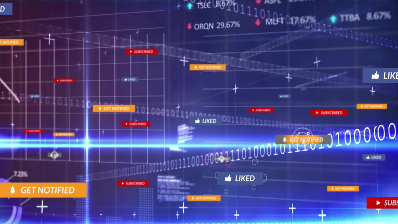 Central glowing blue crosshair beam streaming binary code over 3D grid, displaying UI widgets
