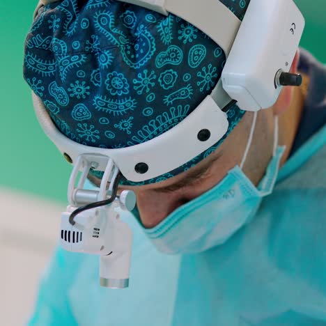 Portrait of a surgeon at work in clinic. Doctor's face in mask and magnifying glass on head during the operation. Close-up.