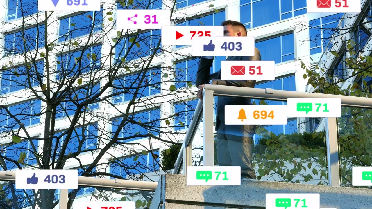 Mann telefoniert auf einem Sims, während Abzeichen um ihn herum erscheinen, wirbeln und Anstecker für Marketingzwecke bilden.