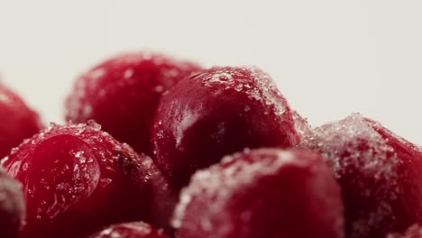 frozen cranberries in snow for tea, background close up of cranberry berries in winter park, ice fridge macro.