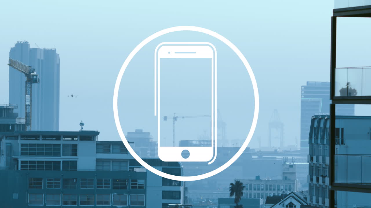 Animasjon av smarttelefonikon mot luftfoto av bybilde
