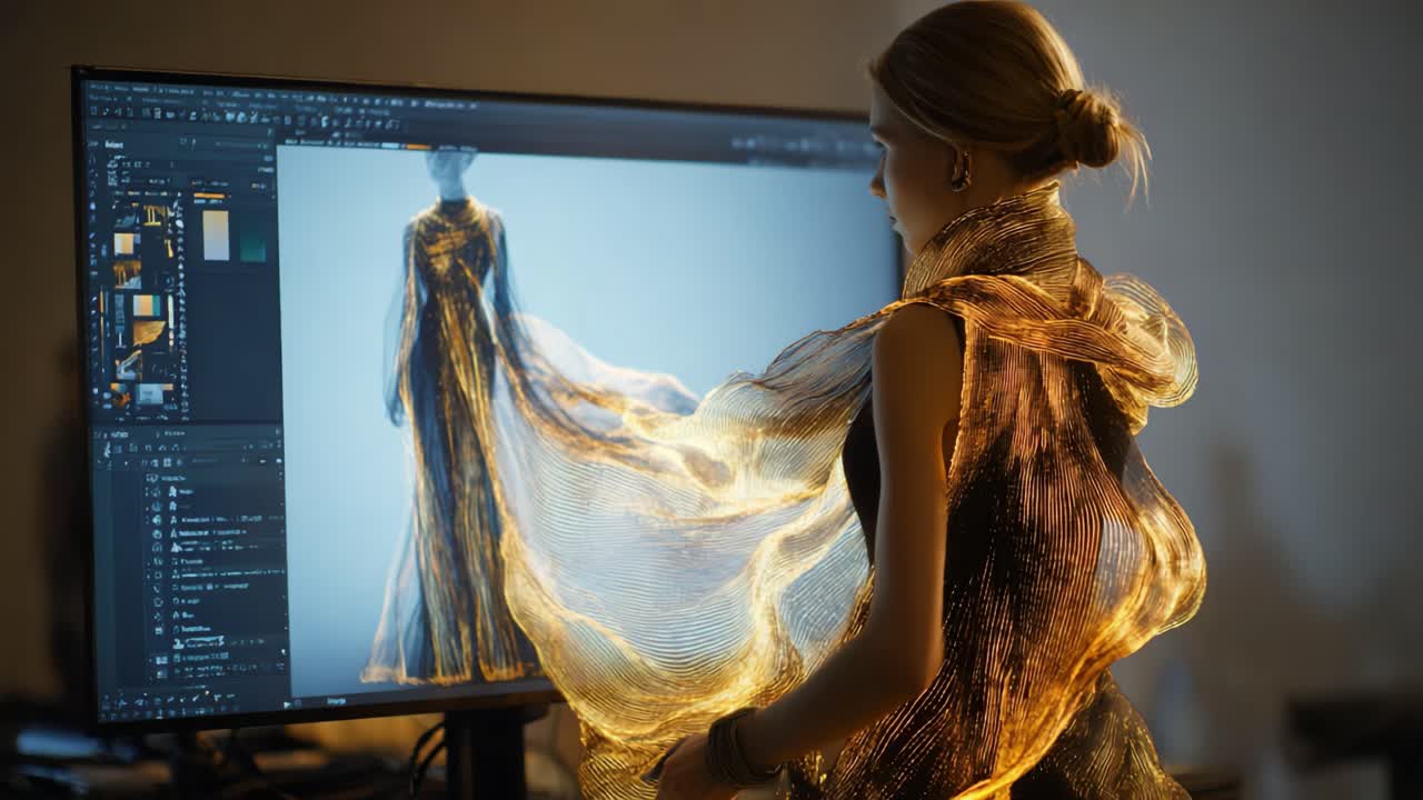 A captivating display of a digital fashion creation, featuring an elegant flowing dress illuminated by soft lighting, as a figure interacts with a computer screen showcasing innovative garment design
