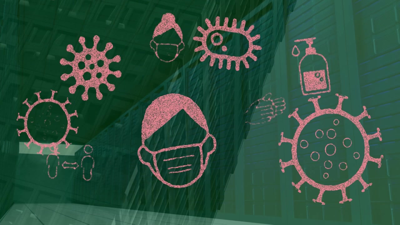 Animación de iconos de pandemia moviéndose sobre servidores.