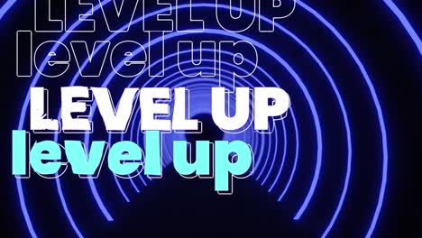 Animation-of-level-up-text-over-neon-tunnel-on-black-background