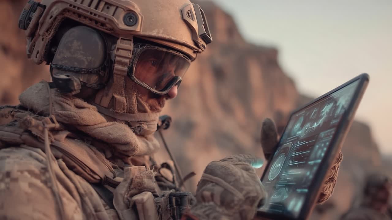 A soldier in tactical gear interacts with advanced technology on a ...