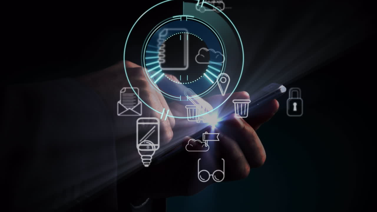 Animation of scope scanning over caucasian businessman using tablet