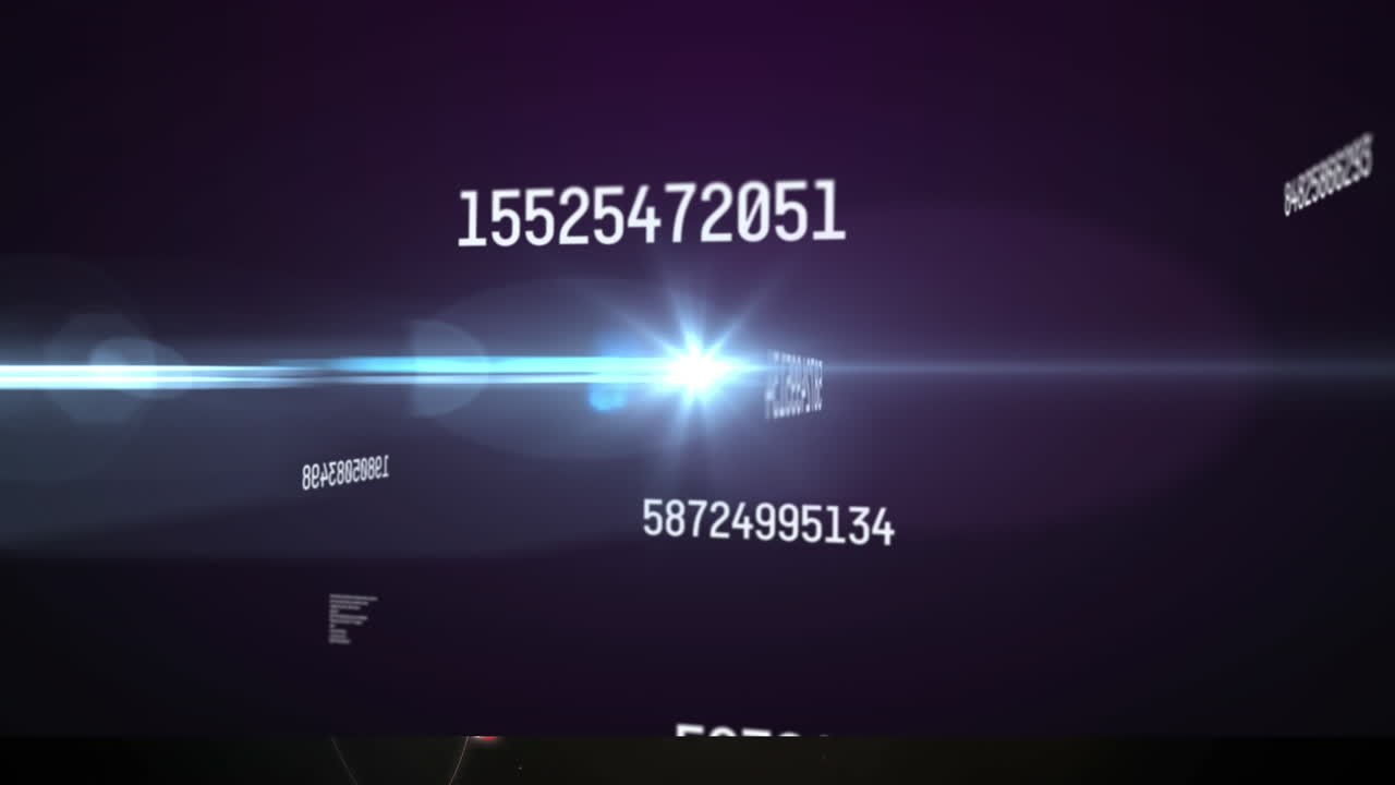 Animation of numbers changing over glowing light on purple background