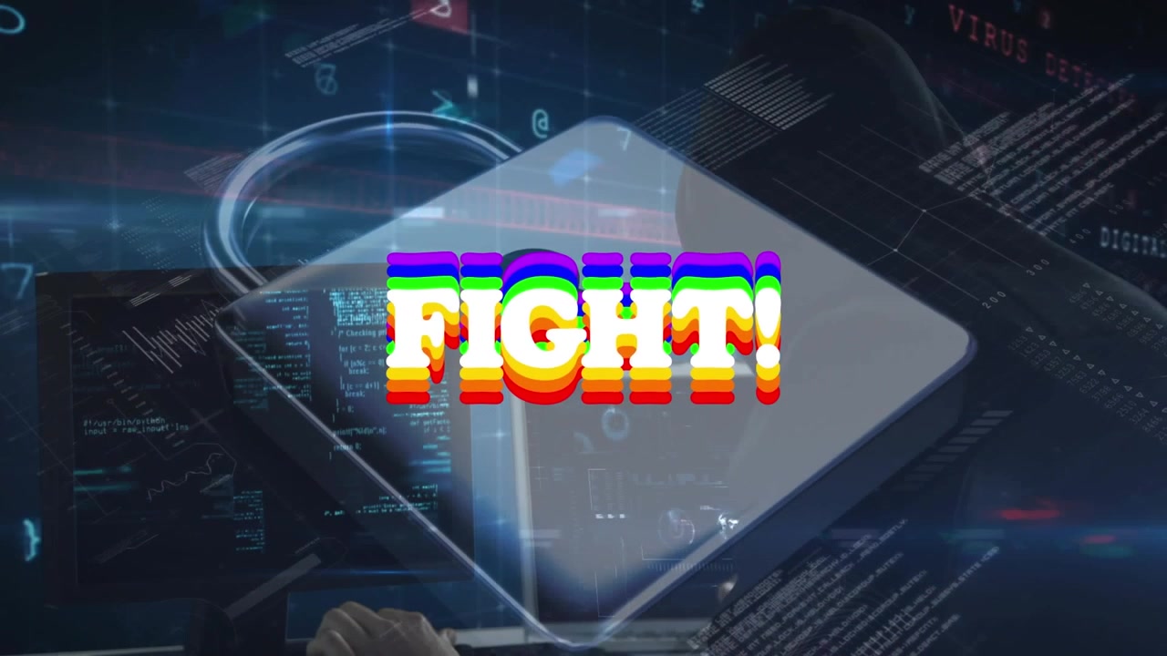 Animation of fight text over padlock and data processing