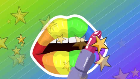 Animation-of-lipstick-and-stars-over-multicolored-open-mouth-against-gradient-background