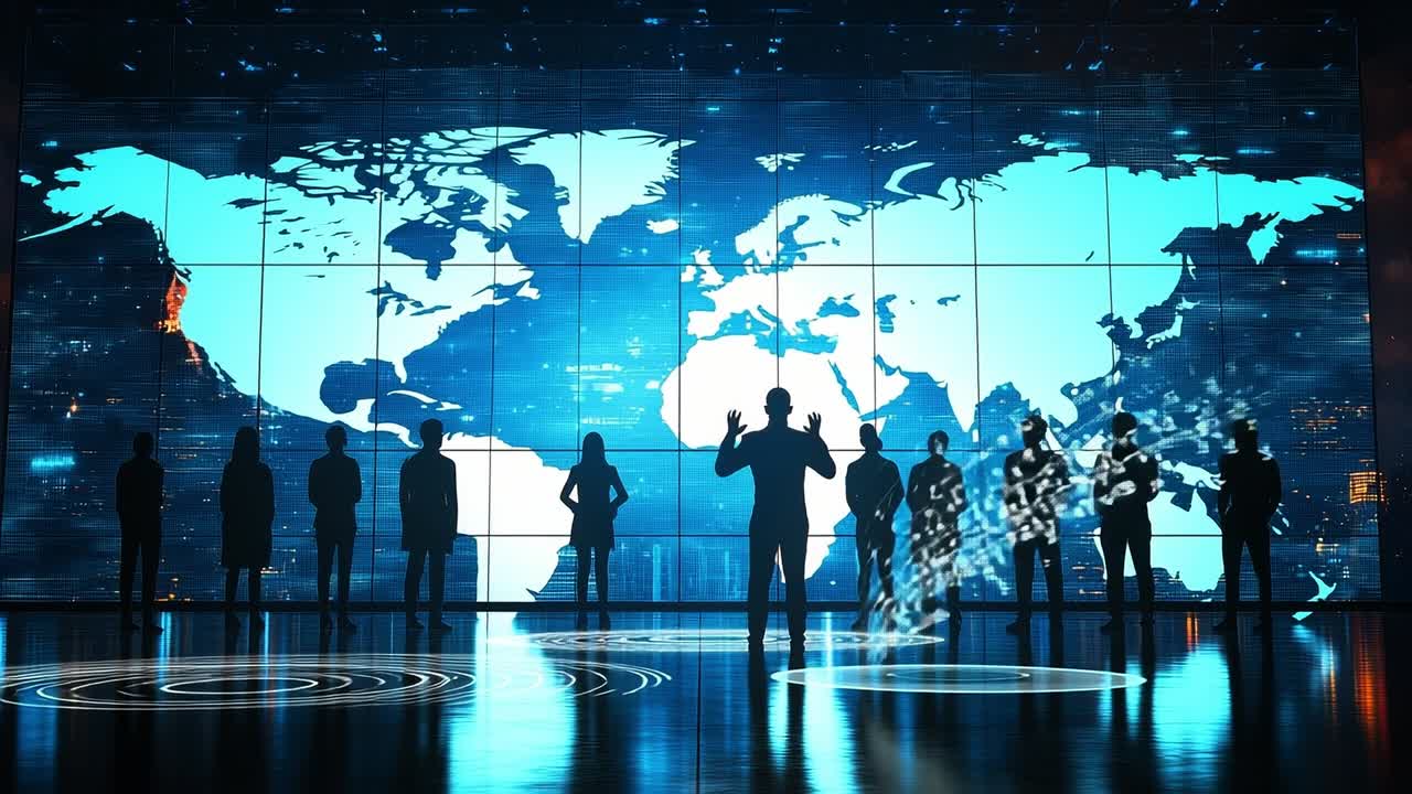 High-tech global biz meeting. Silhouetted figures stand before a large digital world map, discussing strategies in a modern conference room at night.