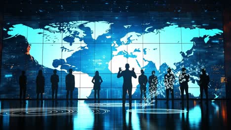 high-tech global biz meeting. silhouetted figures stand before a large digital world map, discussing strategies in a modern conference room at night.