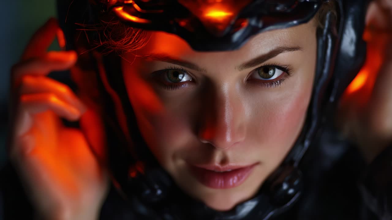 Un ritratto intenso di una donna con un casco futuristico con luci fluorescenti, che cattura un'espressione intensa ed esibisce un design high-tech, evidenziando l'intersezione tra emozione umana e tecnologia avanzata