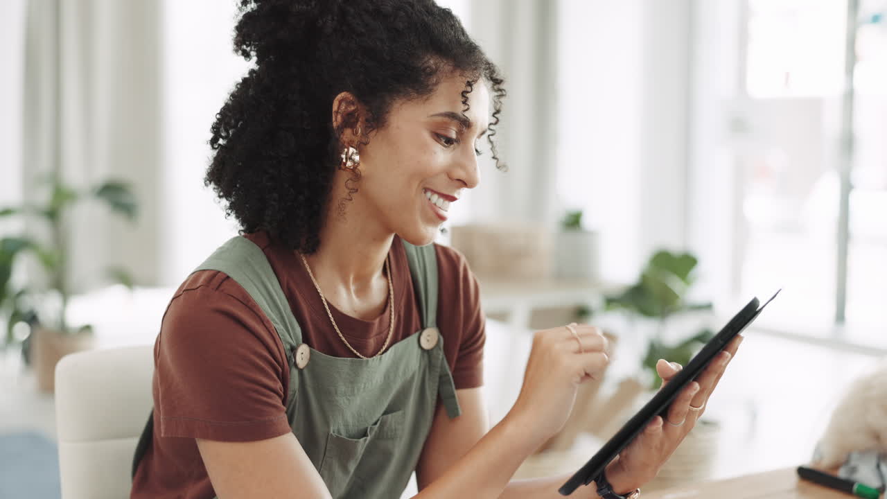 Woman, tablet and smile for communication