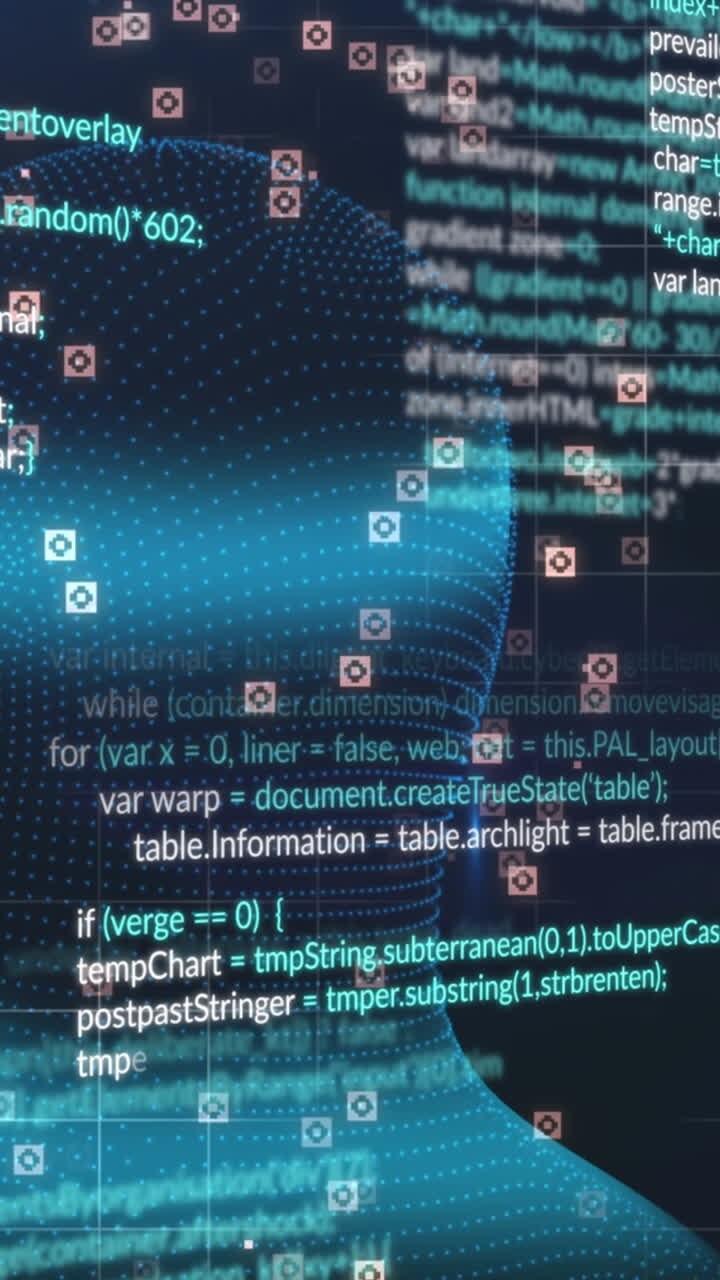 Animation of digital head and data processing on black background