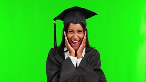 Happy-woman,-graduate-and-surprise-face-on-green