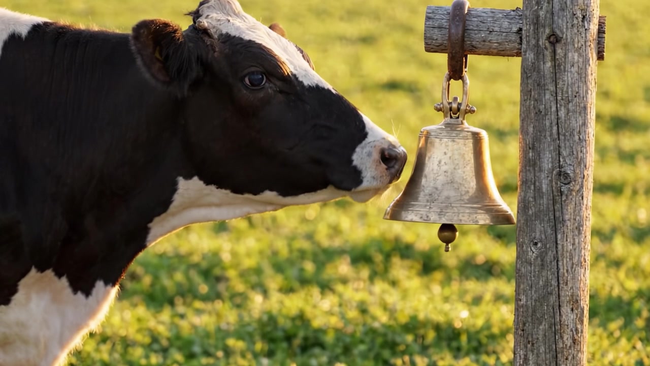 Un primo piano di una mucca curiosa con un campanaccio in un tranquillo pascolo verde durante l'ora d'oro.