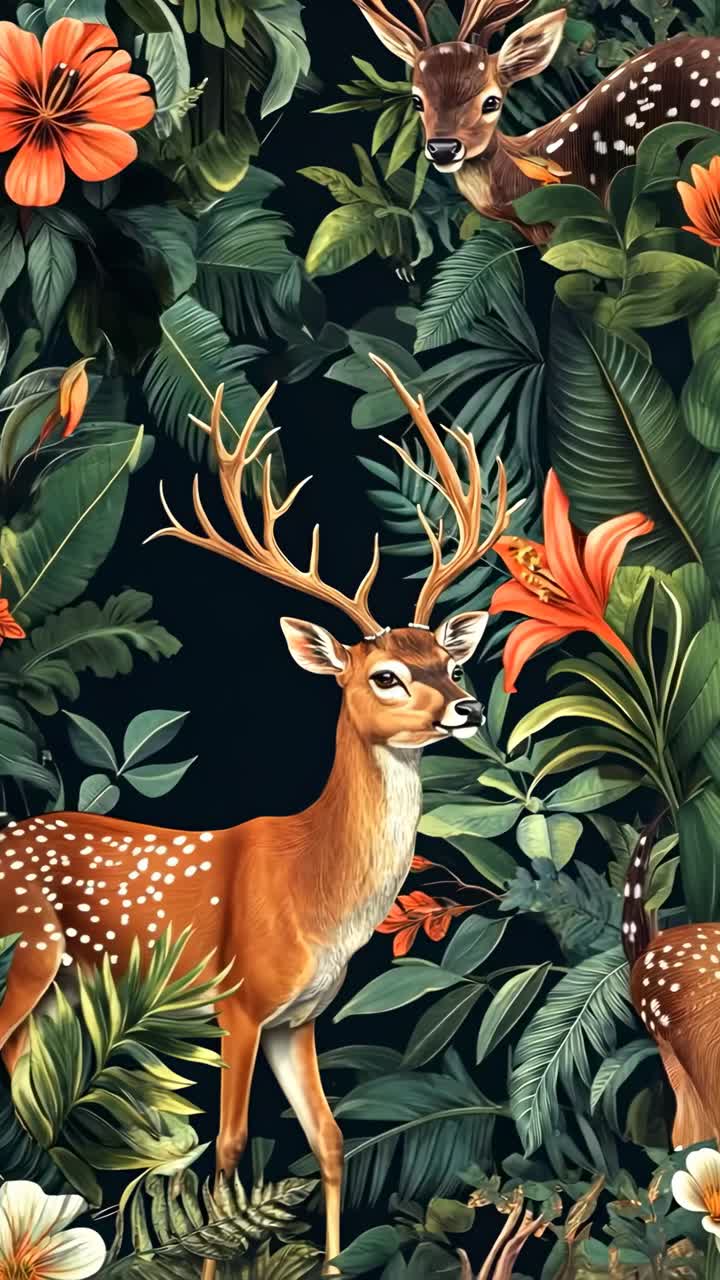 A vibrant, nature-themed video illustration of deer amidst lush foliage and flowers