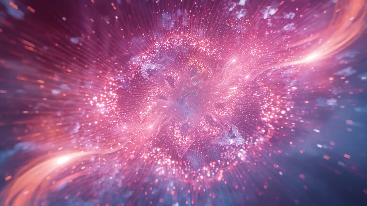 Pulsing pink core emitting drifting particles in cosmic space, creating floral starburst formation
