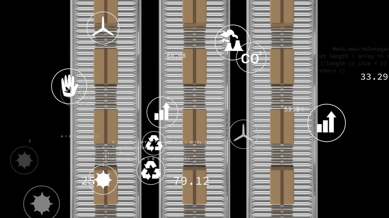 컨베이어 벨트에 있는 카드보드 상자 위에서 아이콘의 애니메이션과 데이터 처리