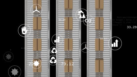 Animation-Von-Icons-Und-Datenverarbeitung-über-Kartons-Auf-Förderbändern