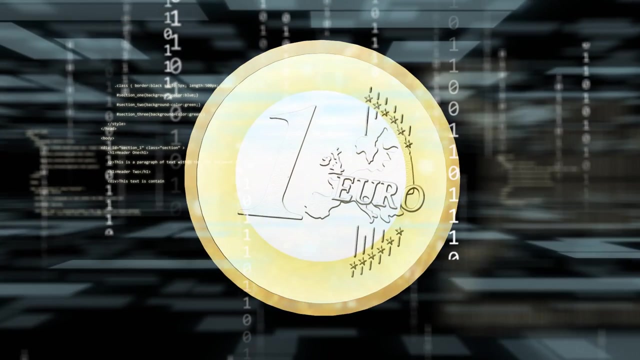 Câmera orbitando, moeda de 1€ girando, revelando o anverso e o reverso com harpa, exibindo brilho metálico e código.
